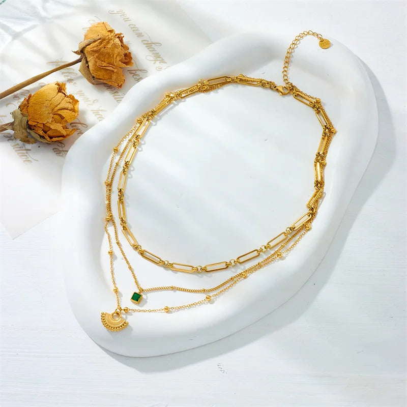 316L Stainless Steel Gold Plated Multilayer Chain Semicircle Pendant