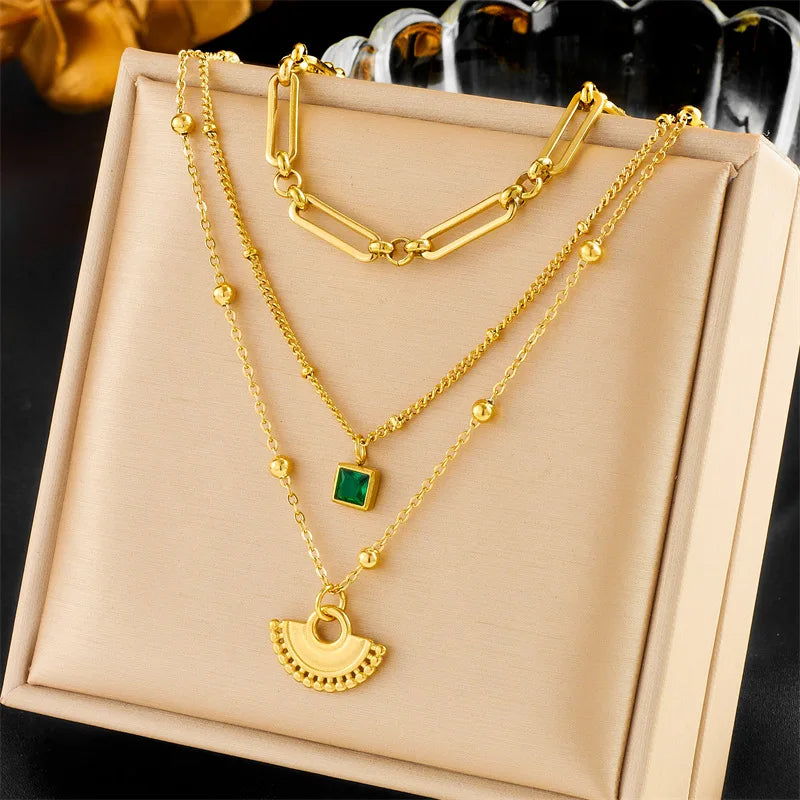 316L Stainless Steel Gold Plated Multilayer Chain Semicircle Pendant