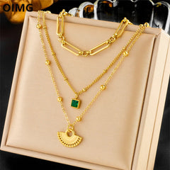 316L Stainless Steel Gold Plated Multilayer Chain Semicircle Pendant