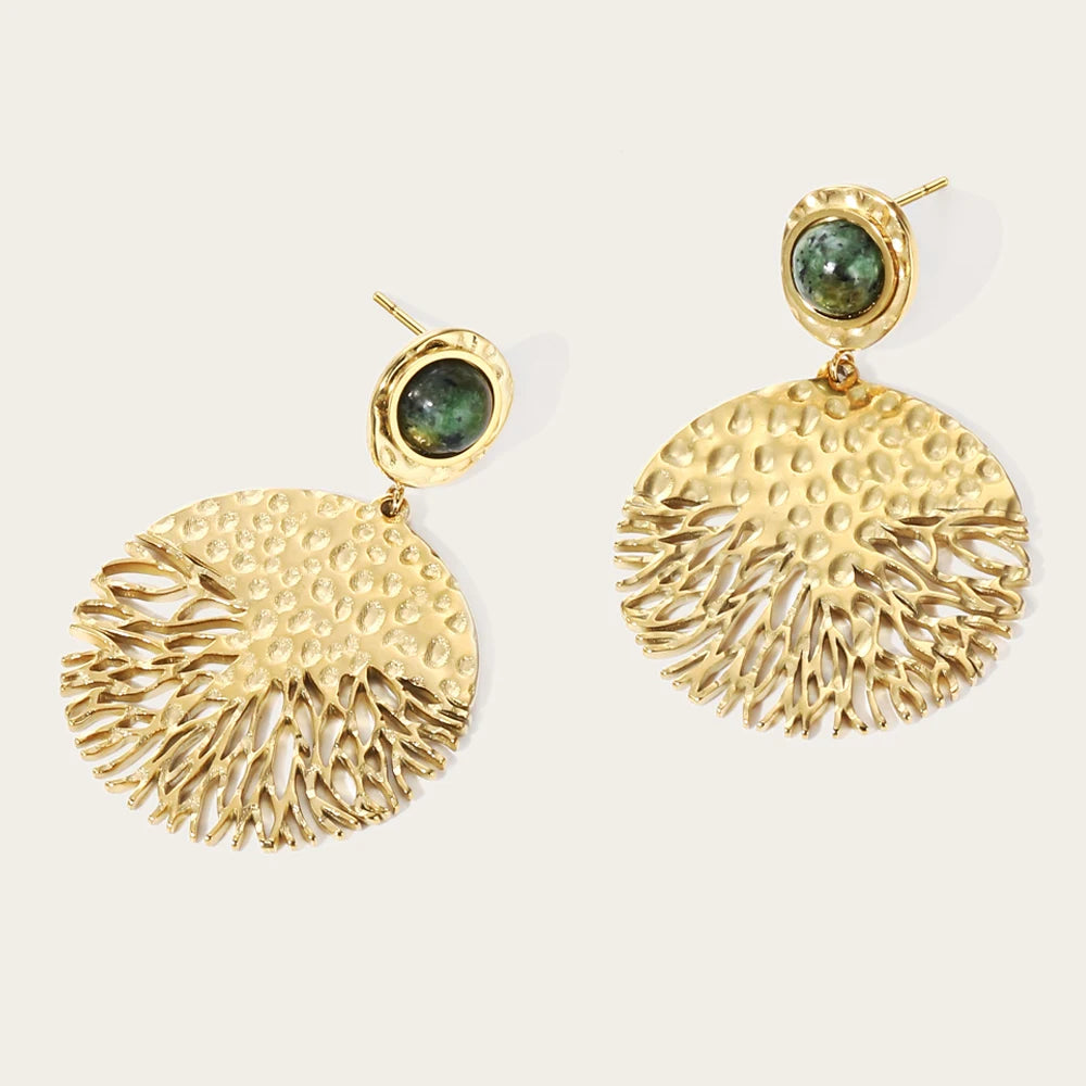 18K Gold Plated Stainless Steel Earrings Tap Texture Metal Natural Stone Tree of Life Dangle