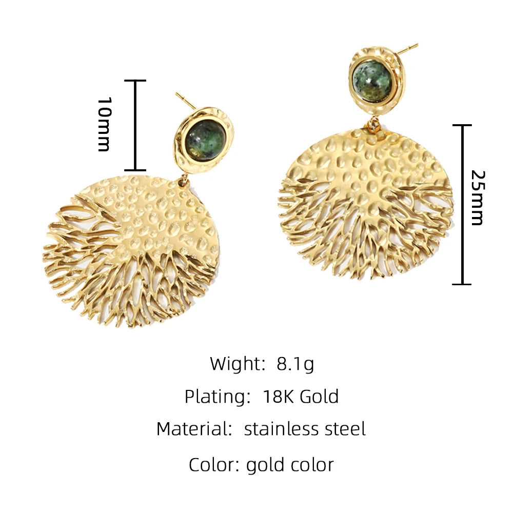 18K Gold Plated Stainless Steel Earrings Tap Texture Metal Natural Stone Tree of Life Dangle