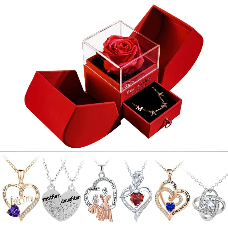 Gift for Women Eternal Rose Gift Box Heart Necklace I Love You To The Moon and Back Flower Jewelry Box