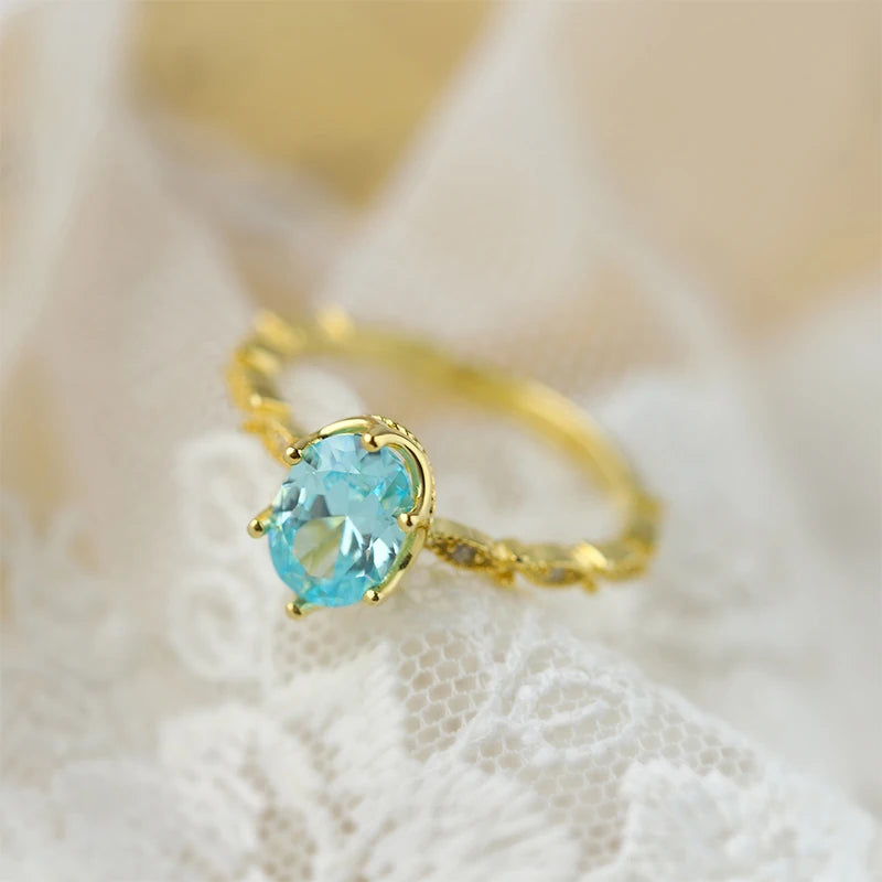 14k Gold Six Claw Oval Aquamarine Couple Ring 100% Original Sterling Silver Jewelry