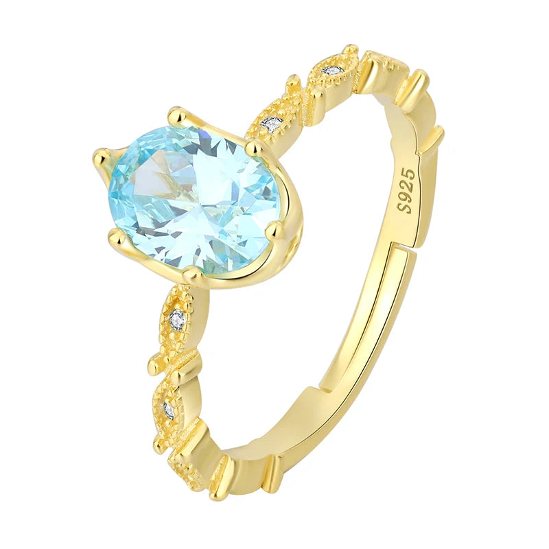 14k Gold Six Claw Oval Aquamarine Couple Ring 100% Original Sterling Silver Jewelry