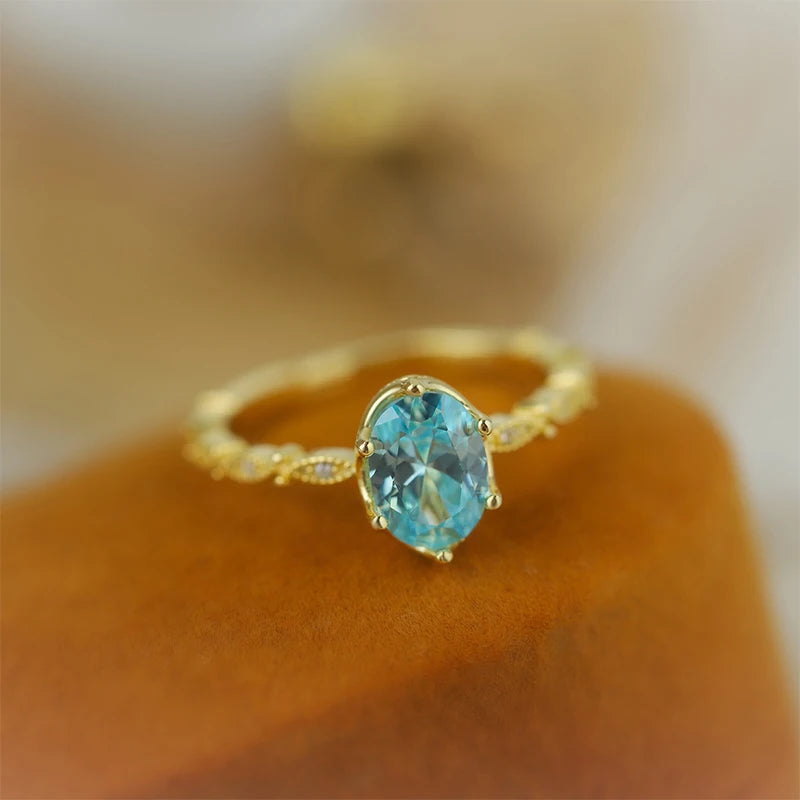 14k Gold Six Claw Oval Aquamarine Couple Ring 100% Original Sterling Silver Jewelry