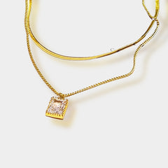 Popular Design 14K Real Gold Square Crystal Pendant Necklace for Women Girl Double Layer Chain Jewelry AAA Zircon Choker