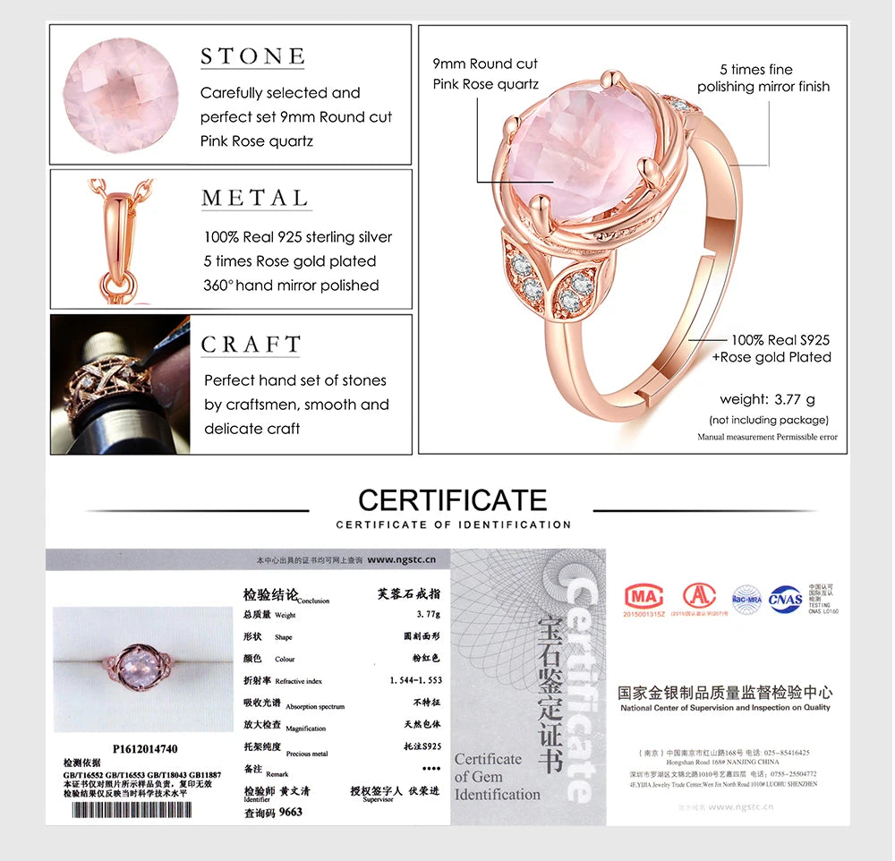 925 Silver Natural Rose Quartz Flower 18K Rose Gold Plated Ring