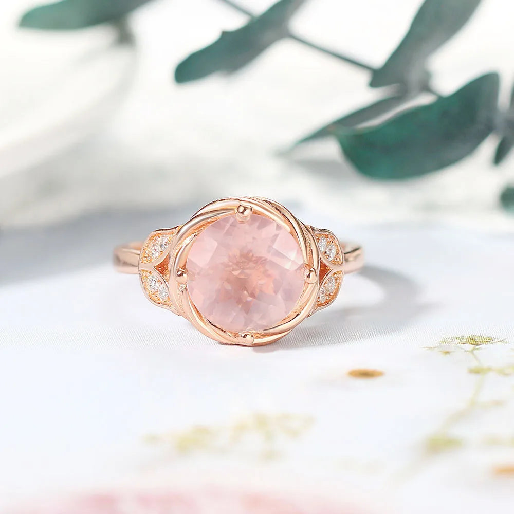 925 Silver Natural Rose Quartz Flower 18K Rose Gold Plated Ring