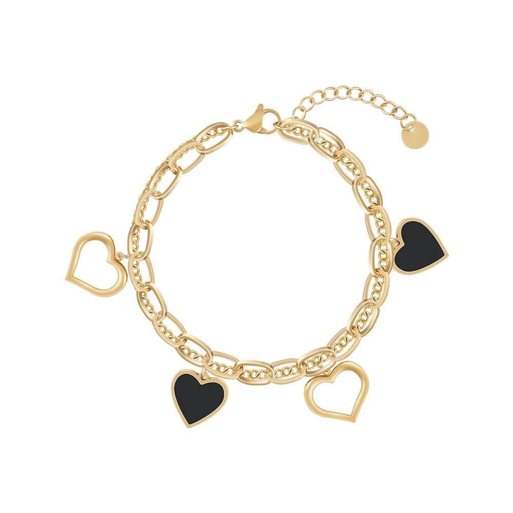 18K Gold Plated Stainless Steel Jewelry Hollow Heart Charm Double Layered Link Chain Bracelet