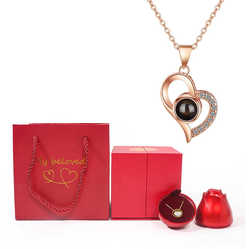 Love Heart Projection Necklace 100 Languages I Love You Pendant With Rose Gift Box For Girlfriend