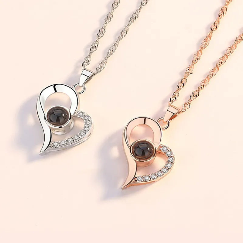 Love Heart Projection Necklace 100 Languages I Love You Pendant With Rose Gift Box For Girlfriend