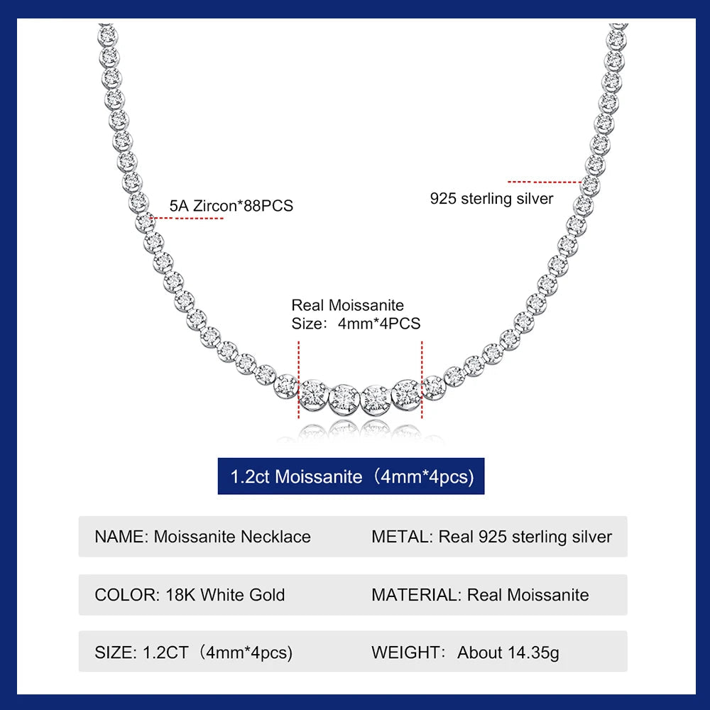 Moissanite Tennis  S925 Sterling Silver Plated Gold 1.2 Carat Diamond Chain