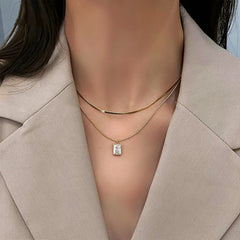 Popular Design 14K Real Gold Square Crystal Pendant Necklace for Women Girl Double Layer Chain Jewelry AAA Zircon Choker