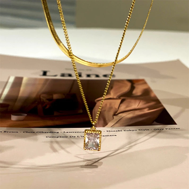 Popular Design 14K Real Gold Square Crystal Pendant Necklace for Women Girl Double Layer Chain Jewelry AAA Zircon Choker