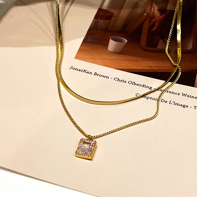 Popular Design 14K Real Gold Square Crystal Pendant Necklace for Women Girl Double Layer Chain Jewelry AAA Zircon Choker