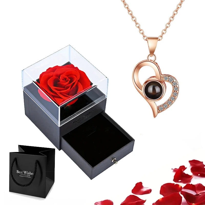 Projection Necklace Set With Rose Gift Box 100 Languages I Love You Heart Pendant