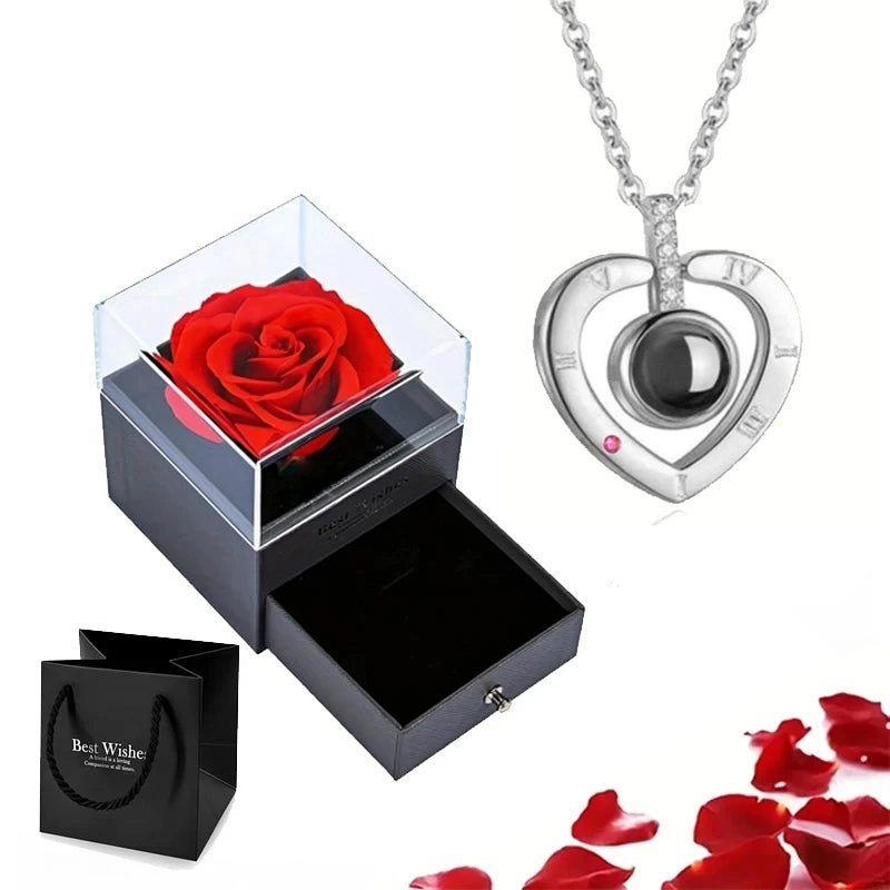 Projection Necklace Set With Rose Gift Box 100 Languages I Love You Heart Pendant