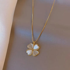 Real 18k Gold Color Clover Necklace Gold Cat's Eye Exquisite Petal Clavicle Chain