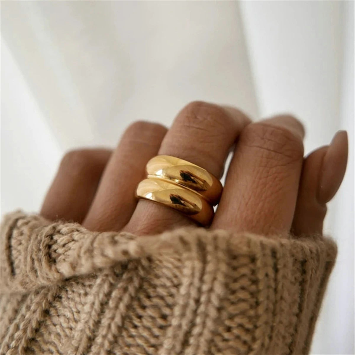 18K Gold Plated Stainless steel double layer Rings for Women Men