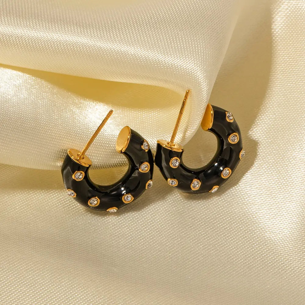 18k PVD Gold Plated Enamel Cubic Zirconia Hoop Earrings