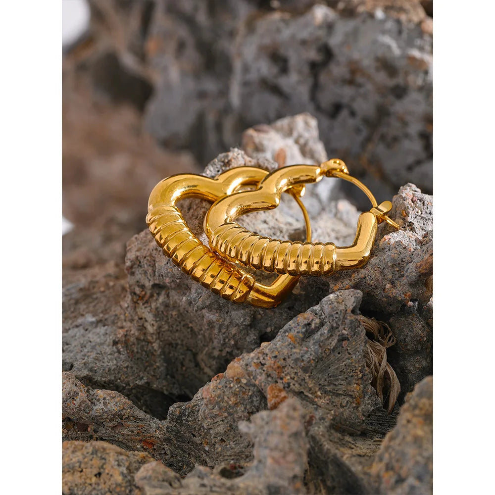 Heart Hollow Stainless Steel Gold Color Hoop Earrings Anti-Allergies Minimalist 18K PVD Plating