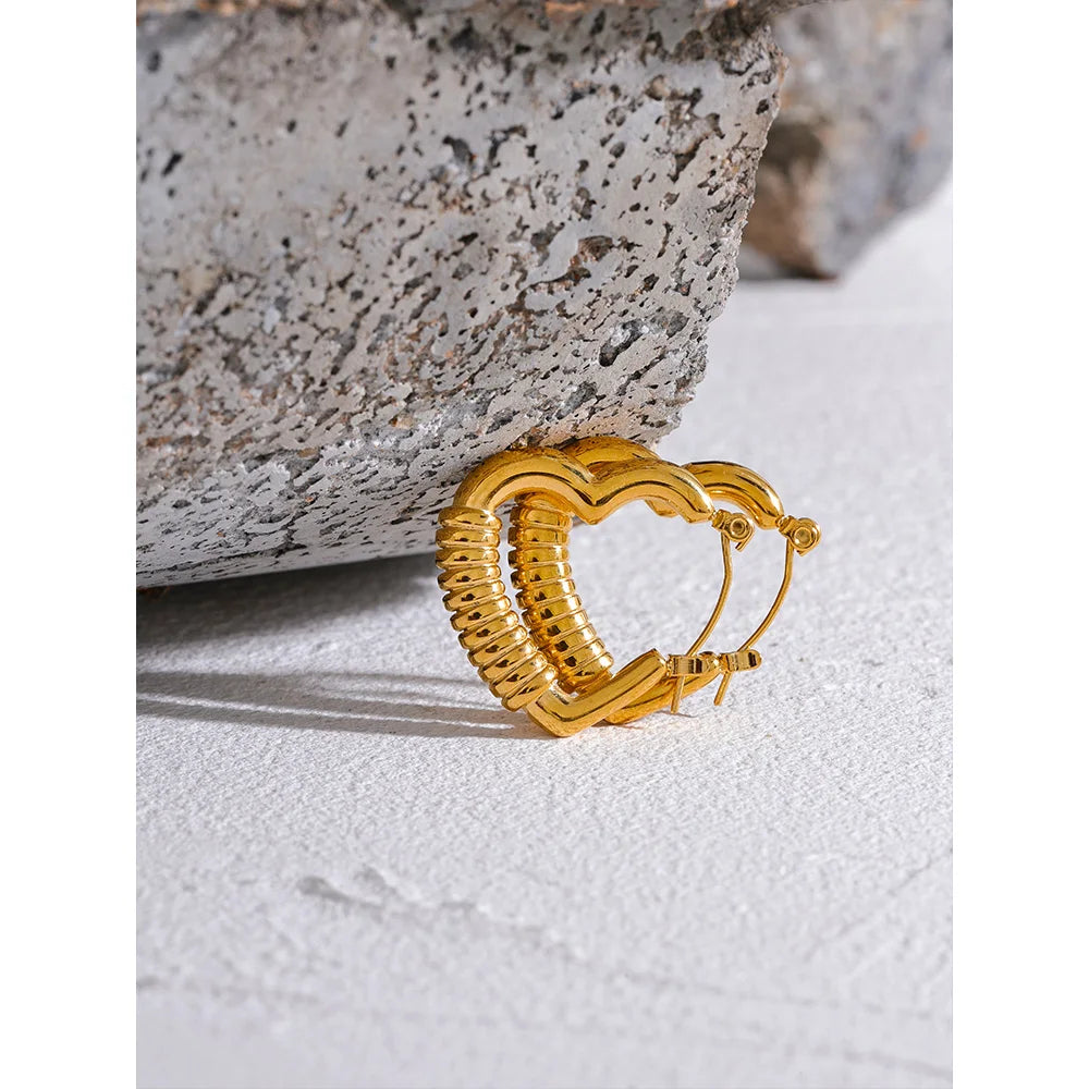 Heart Hollow Stainless Steel Gold Color Hoop Earrings Anti-Allergies Minimalist 18K PVD Plating