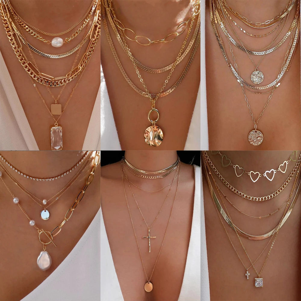 Bohemia Gold Color Multiple Styles Necklace For Women Trendy Multi-Layer Crystal Pendant Necklaces Set Jewelry Gifts