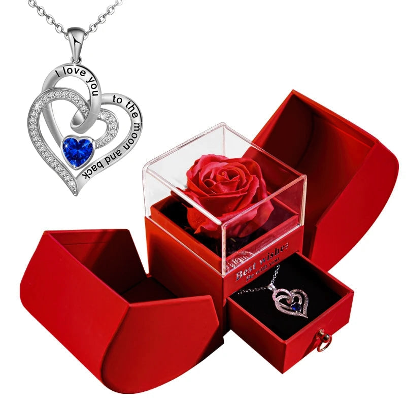 Gift for Women Eternal Rose Gift Box Heart Necklace I Love You To The Moon and Back Flower Jewelry Box