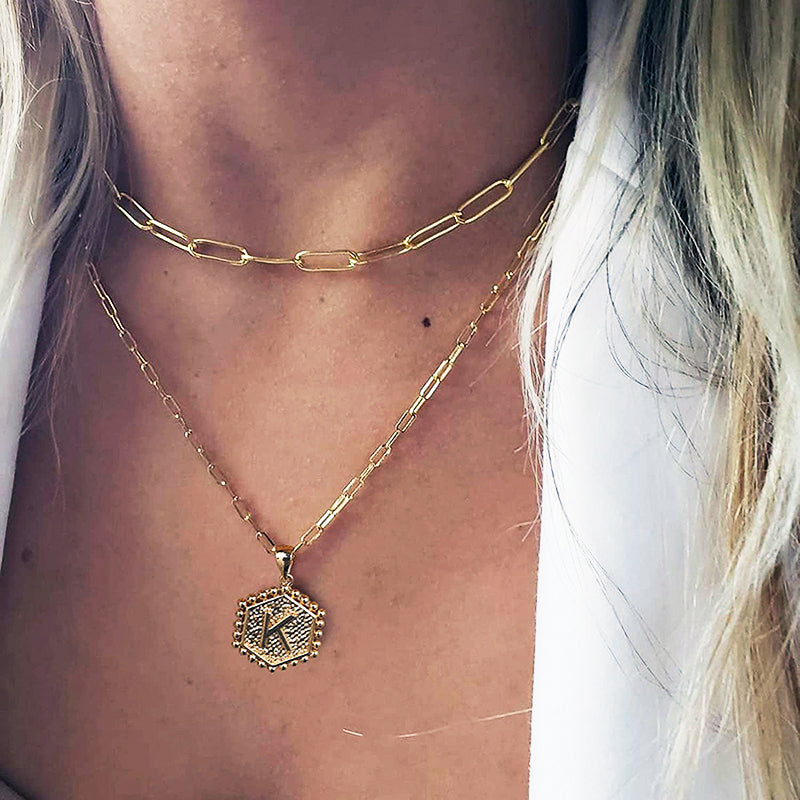 Gold Double Layer Initial Necklace 14K Gold Plated Paperclip Chain  Simple Cute Hex Pendant Clavicle Chain